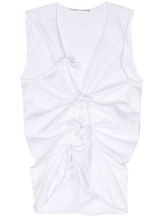 white cotton jersey texture knot detailing gathered detailing tonal stitching scoop neck sleeveless asymmetric hem Cotton Sleeveless Tank Top With Knotted Straps, Cotton Tank Top With Knotted Straps, Sleeveless Summer Top With Knot Detail, White Sleeveless Tank Top With Knotted Straps, Tank Top White, Top Clothing, Silk Knit, Ribbed Tank Tops, Cotton Tank Top