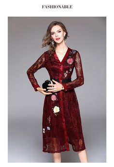 Blue Gray Red V-Neck Hollow Out Floral Embroidered Lace Dress - Uniqistic.com Amazing Dresses, Embroidered Lace Dress, Gowns Of Elegance, Unique Dresses, Embroidered Lace, Blue Gray, Fashion Games, Day Dresses, Lace Dress