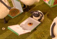 stuffed sheep with donuts and pizza in open box on green carpeted flooring