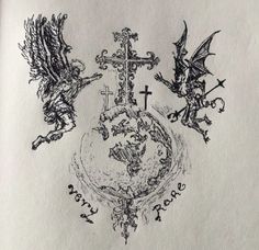 an ink drawing of two crosses with angels on them