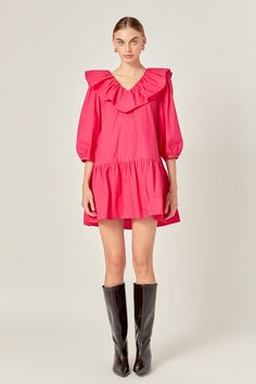 ENGLISH FACTORY - Long Sleeve V Ruffled Mini - DRESSES available at Objectrare Jumpsuit Modern, Ivy Clothing, Summer Style Guide, Knit Outerwear, Casual Party Dresses, Fashion Night, Pink Midi Dress, Geek Chic, Bottom Clothes