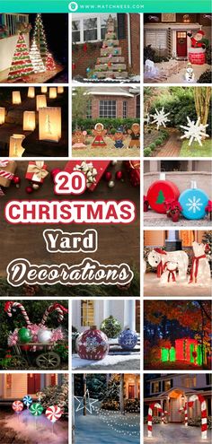 christmas yard decorations are featured in this collage with the words, 20 christmas yard decorations