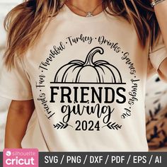 a woman wearing a t - shirt that reads friends giving 2021 and has a pumpkin on it