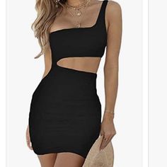 One Should Black Tight Dress With Cutouts. Perfect Lbd! Wore Once And Never Worn Again. Trendy Black One-shoulder Mini Dress, Black One-shoulder Bodycon Dress For Club, Summer Black Bodycon Dress For Going Out, Black Bodycon Dress For Going Out, Black Bodycon Dress For Going Out In Summer, Black Cutout Bodycon Mini Dress, Black Bodycon Mini Dress With Cutout, Black One-shoulder Flirty Bodycon Dress, Black One-shoulder Fitted Bodycon Dress