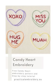 the candy heart embroidery pattern is shown in three different colors