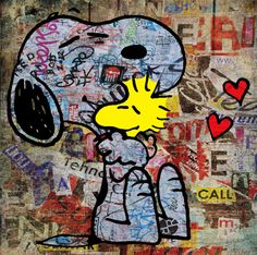 a drawing of a person kissing a dog with graffiti on the wall behind it and hearts in the background