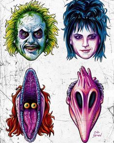 four different colored faces with hair and makeup painted on them, including an alien head