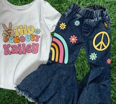 "Fully Custom Denim Jean Paint Splat characters Birthday Outfit This doesn't have to be only \"Two\" groovy. it can be other ages.   All outfits come with the shirt  I also do family matching shirts!  If you purchase this option please send size and relation or name in the personalized section (ex. small/mom of bday boy) I can do any theme! Browse my shop and if you don't see what your looking for please message me and we can make it happen !  Every outfit is unique, image placement and shades o Groovy One First Birthday Outfit, Two Groovy Birthday Outfit, Jean Birthday Outfit, Groovy Birthday Outfit, Groovy One First Birthday, Two Groovy Birthday, 70’s Outfit, Groovy One, Two Groovy