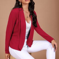 Red Elegant  Long Sleeve Polyester Plain Regular Embellished Slight Stretch Spring/Fall Women Suits Open Blazer, Women Suits, Animal Print Blouse, Red Blazer, Vintage Blazer, Striped Blazer, Long Sleeve Blazers, Tweed Blazer, Plaid Blazer