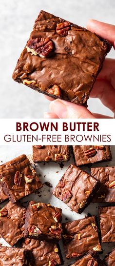 chocolate brownies with pecans and nuts on top are being held up by a hand