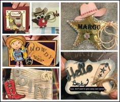 many different items are shown in this collage with words and pictures on them, including cowboy hats