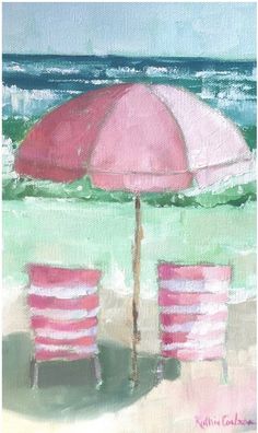 two beach chairs and an umbrella on the beach by the ocean, painted with acrylic paint