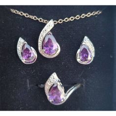 Beautiful Teardrop Amethyst Earrings Necklace Ring Size 7 And 18" Chain Cz Stone Great Gift Idea! We Offer Fast Shipping And Free Returns! Amethyst Gemstone Teardrop Earrings Gift, Purple Teardrop Multi-stone Jewelry, Luxury Amethyst Teardrop Pendant Jewelry, Nickel-free Purple Teardrop Crystal Earrings, Purple Multi-stone Dangle Jewelry, Publishers Clearing House, Necklace Ring, Amethyst Earrings, Ring Size 7