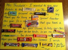 a handwritten note with candy bars on it