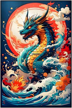 a blue dragon sitting on top of a wave in front of a full moon and clouds