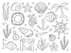 Doodle Art Marine Life, Underwater Doodles Simple, Shell Doodles Easy, Sea Shell Doodle, Seaweed Tattoo Simple, Seaweed Drawing Easy, Seaside Doodles, Coastal Doodles, Sea Doodle Art