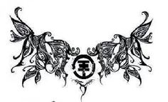 an artistic design with the letter f on it's chest and wings in black ink