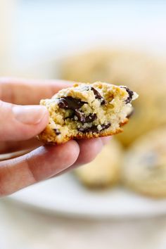 a hand holding a half eaten chocolate chip cookie in front of a plate of cookies