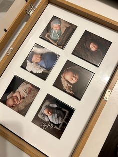 a white frame with six pictures of babies in different positions on it, and the baby's head resting on his mother's chest