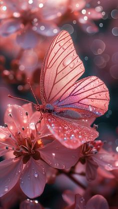 a pink butterfly sitting on top of a flower with water droplets all over it's wings