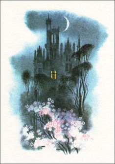 a drawing of a castle with trees and flowers in the foreground, at night