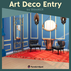 an art deco entry with two chairs and a table in front of a mirror on the wall