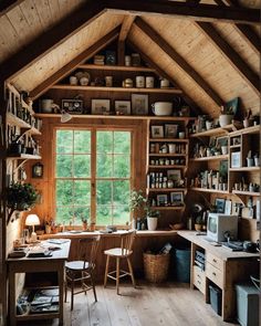 a room filled with lots of wooden furniture and shelves next to a large open window