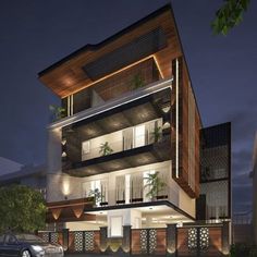 an artist's rendering of the exterior of a modern apartment building at night time