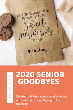 two brown paper bags with the words, 2020 senior goodbyes and cookies on them