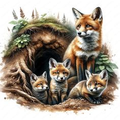 three foxes are standing in front of a hole