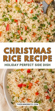 christmas rice recipe in a white bowl with text overlay