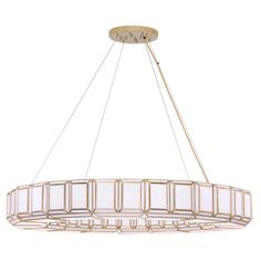 a circular chandelier hanging from the ceiling with white and gold trimmings