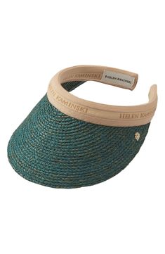 A stylishly striped elastic band trims a breezy slide-on visor made from natural braided raffia. 4 1/4" brim width Raffia Imported Helen Kaminski, Natural Logo, Palm Leaf, Elastic Band, Nordstrom Rack, Braids, Nordstrom, Elastic, Band