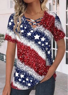 Color:Navy;Size:1X;Size:2X;Size:3X;Package Contents:1 X T Shirt;Occasion:Other;Style:Casual; Plus Size Navy, Cross Flag, White Lace Shorts, Trendy Swimsuits, Boutique Style Outfits, Trendy Tops For Women, 4th Of July Outfits, Black Swimwear, Plaid Tops