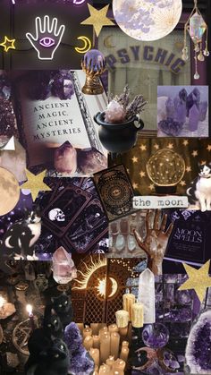 the collage shows many different items in purple and gold colors, with stars on them