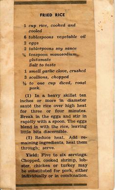 an old recipe for fried rice with instructions