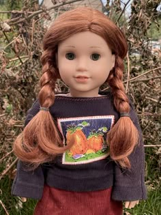 a doll with long red hair wearing a blue sweater and brown skirt standing in grass