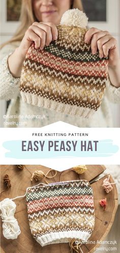 a woman holding up a knitted purse with text overlay that reads, free knitting pattern easy peasy hat