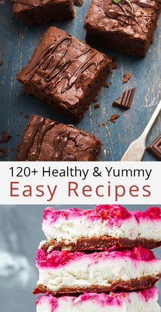 chocolate brownies with raspberry frosting on top and the words easy recipes below