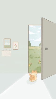 an open door with a cat sitting in front of it