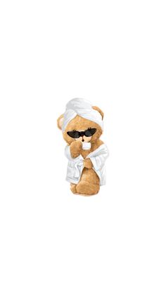 a teddy bear with sunglasses and a towel wrapped around it's neck is standing in front of a white background