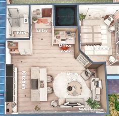 an overhead view of a living room and kitchen area in a house with blue shipping containers