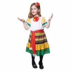 Does your little girl love to dance? Then she'll get a real kick out of wearing this dancer costume. Time to celebrate some fun in this Costume. Product comes complete with: Tee Shirt, Skirt, Sash and Hair Pin. Skirt features an elastic waistband for comfortable fit. Dress up as Mexican Dancer in this costume. Costume is available in 5 sizes: Toddler 2, Toddler 4, Small, Medium and Large. Product comes complete with: Tee Shirt, Skirt, Sash and Hair Pin  Double layered multi colored skirt  Made w Dance Attire, Spanish Dancer, Dancer Dress, Dancer Costume, Mexican Girl, Cultural Celebration, Children Room, Beautiful Costumes, Costume Collection