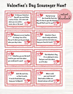 valentine's day scavenger hunt printables with red hearts on them