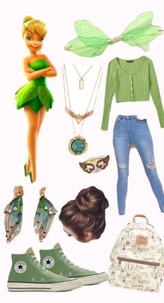 a collage of various items including shoes, bags and necklaces with tinkerbell on them