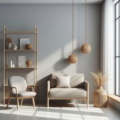 a living room with two chairs, a couch and a book shelf on the wall