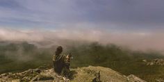 a man sitting on top of a mountain next to a forest filled with trees and fog