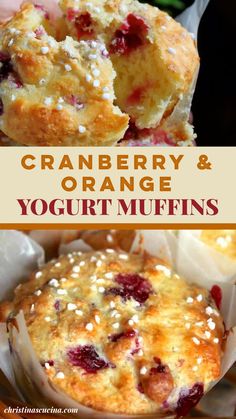 cranberry and orange yogurt muffins with text overlay