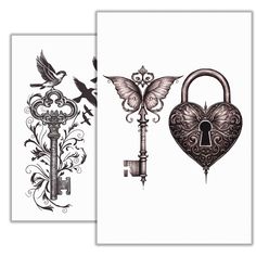 two different tattoos with keys and wings on them, one has a key to the lock