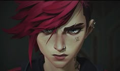 an animated character with red hair and piercings